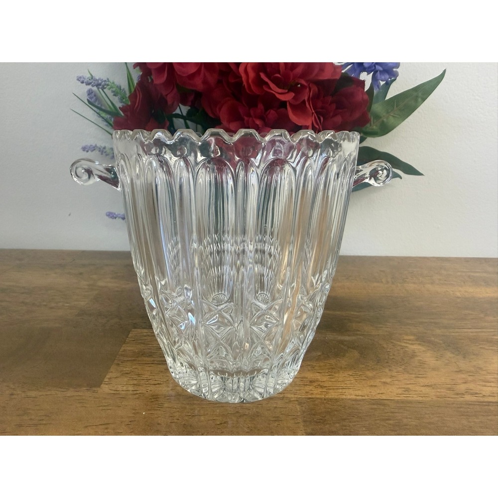 Vintage Glass Ice Bucket Scroll Handles BarwareMCM Champagne Wine Cooler